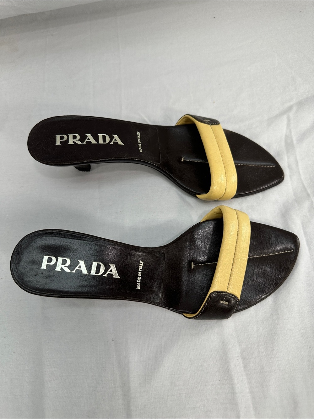 Vintage Prada Leather Mules Kitten Heel Sz 36 US 6 Brown/Tan Slip On Sandals - Picture 3 of 12
